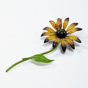 Vintage Brown Golden Yellow Flower Brooch, Lady Bug On Petal, 3 3/4 Inches
